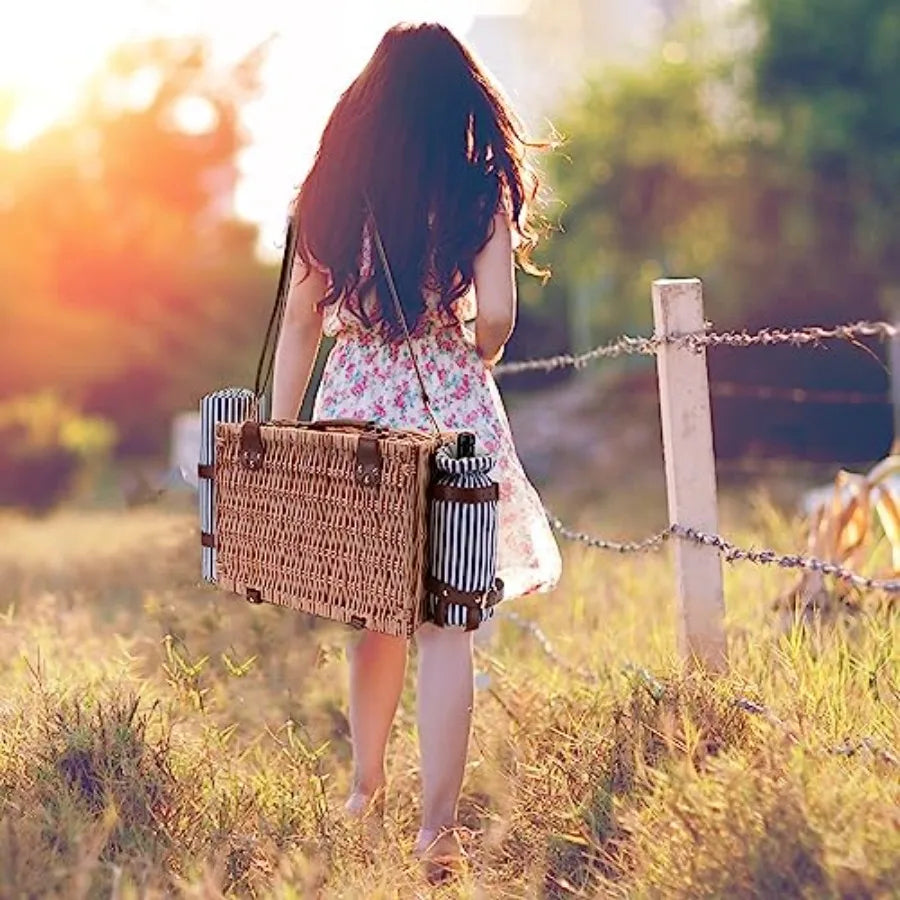 Wicker Picnic Basket for Two with Blanket & Wine Pouch | Outdoor Picnic Set