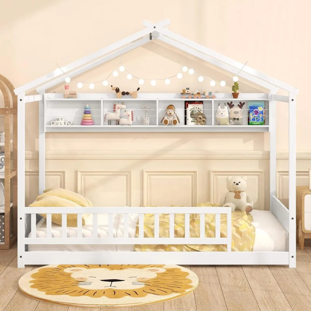 Giantex Floor Bed With Storage Shelf Headboard And Guardrail