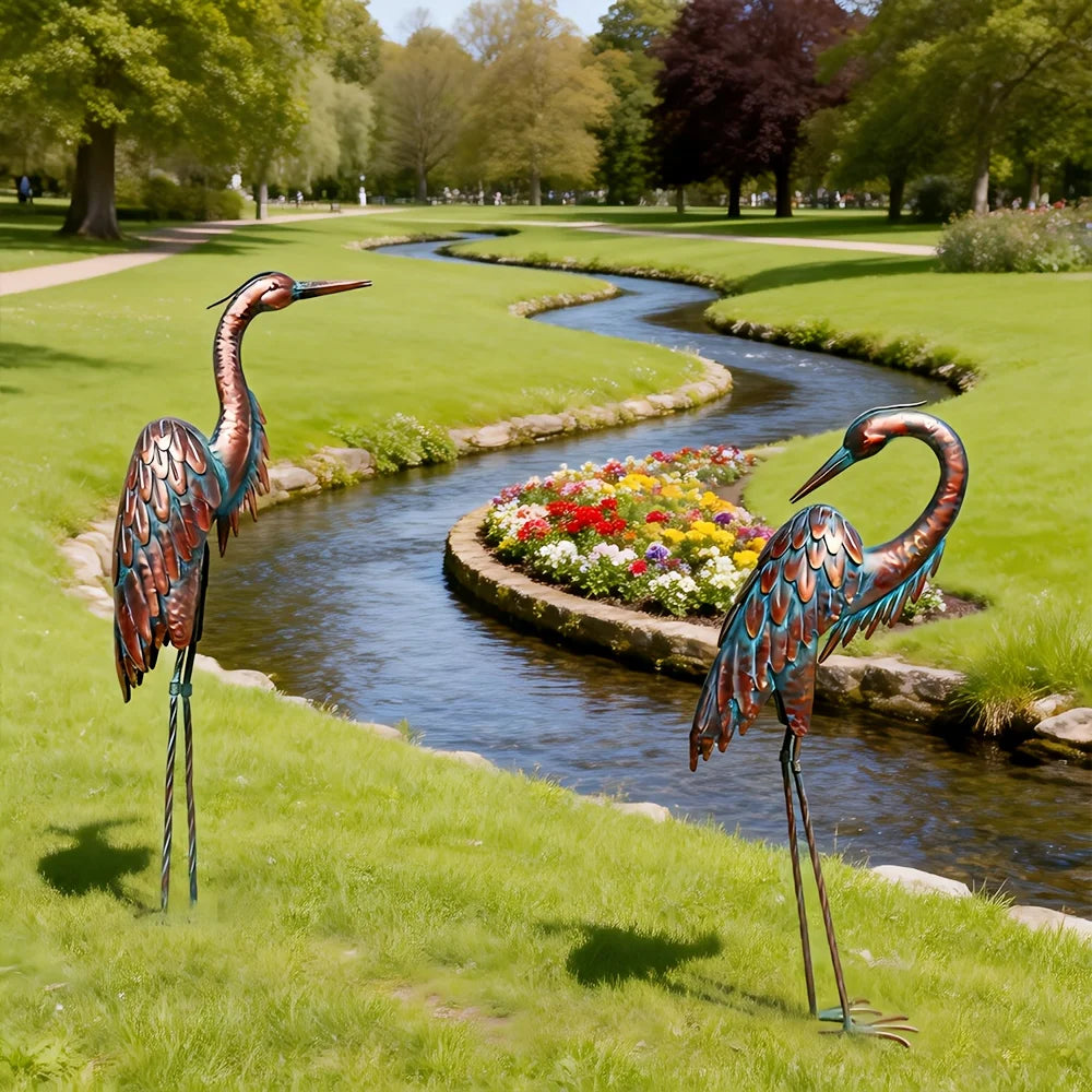 Patina Metal Heron Yard Statue For Garden And Pond Decor