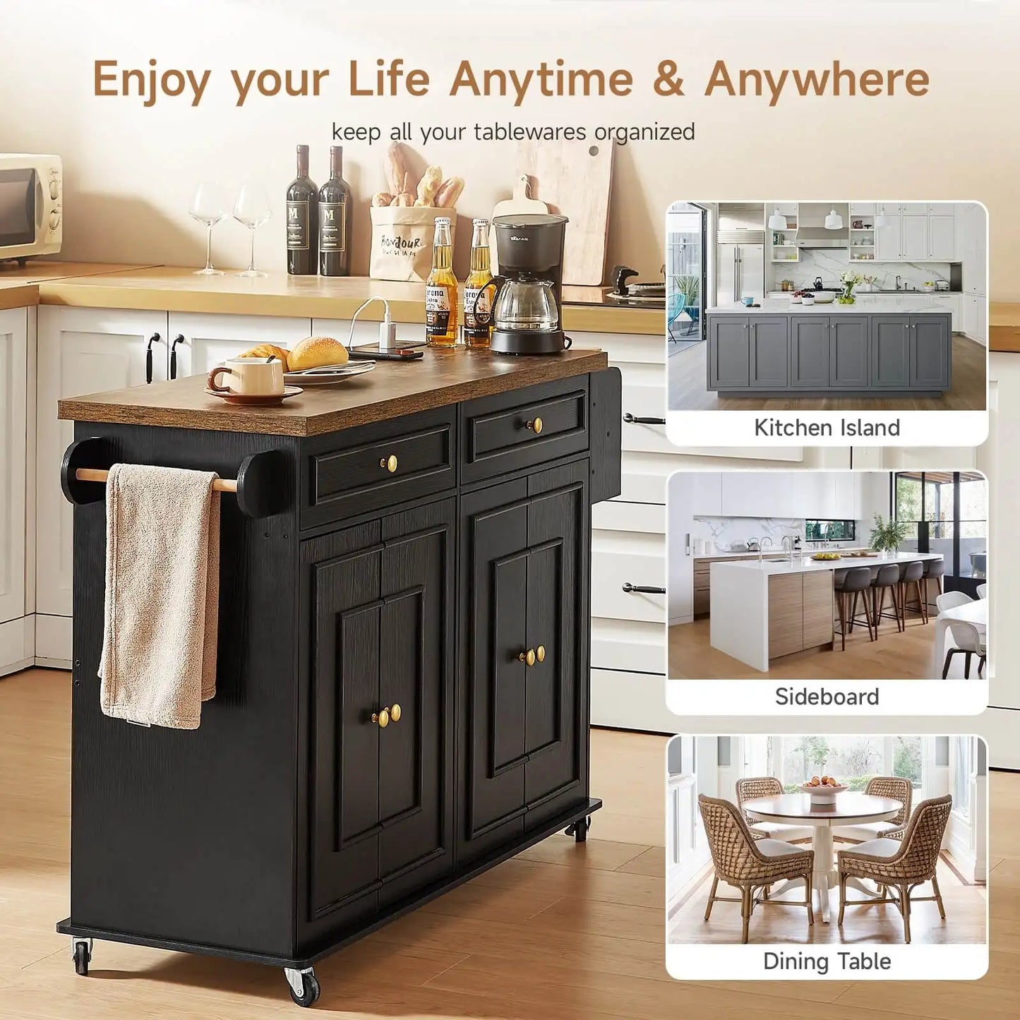 58-Inch Rolling Kitchen Island with Drop Leaf & Power Outlet