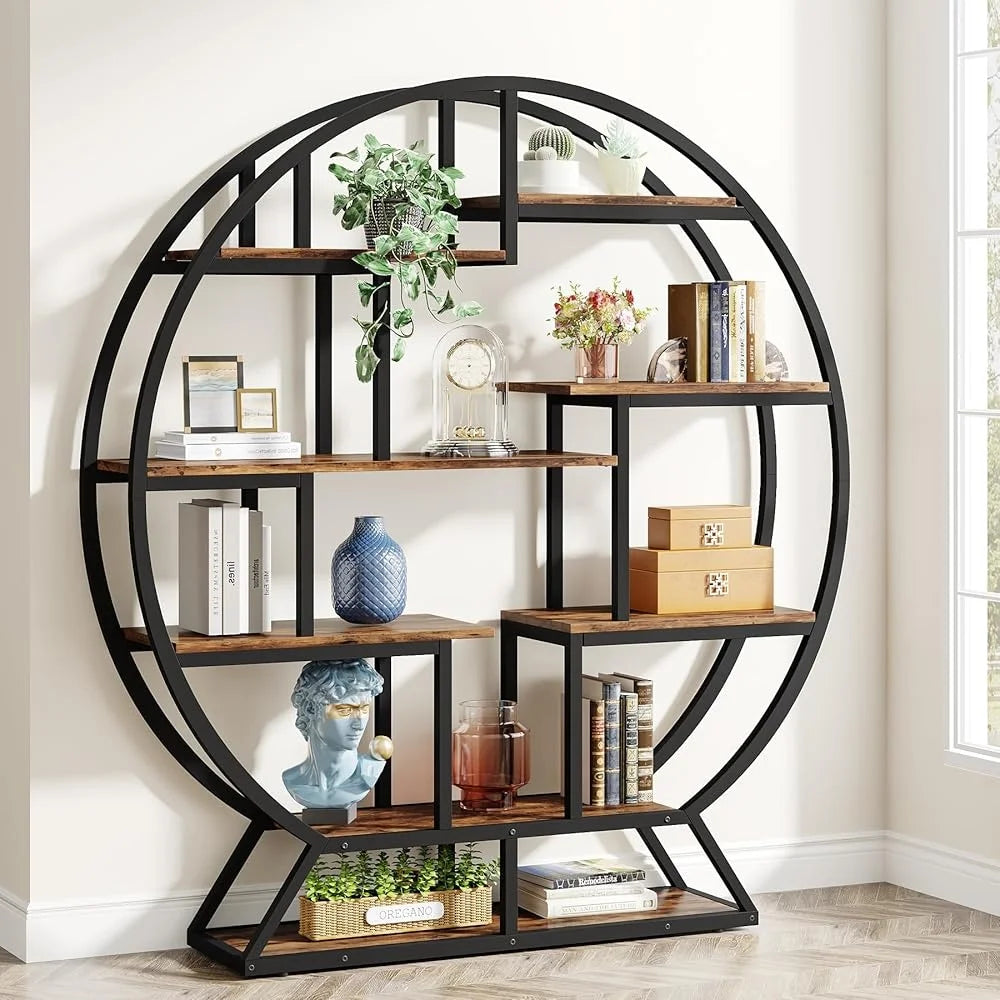 Industrial Round Bookshelf With Staggered Shelves Etagere