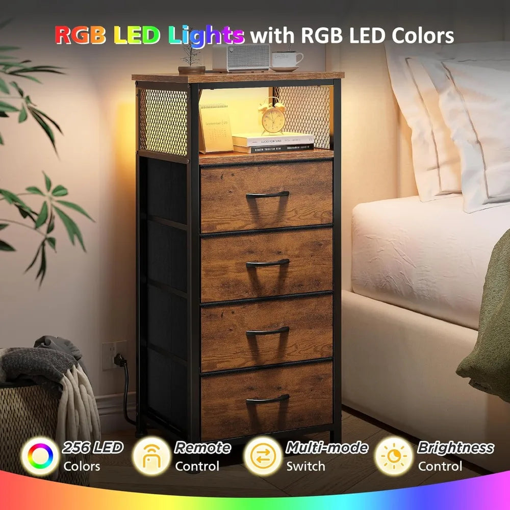 Nightstand Duo With Charging Station, LED Lights, Fabric Drawers