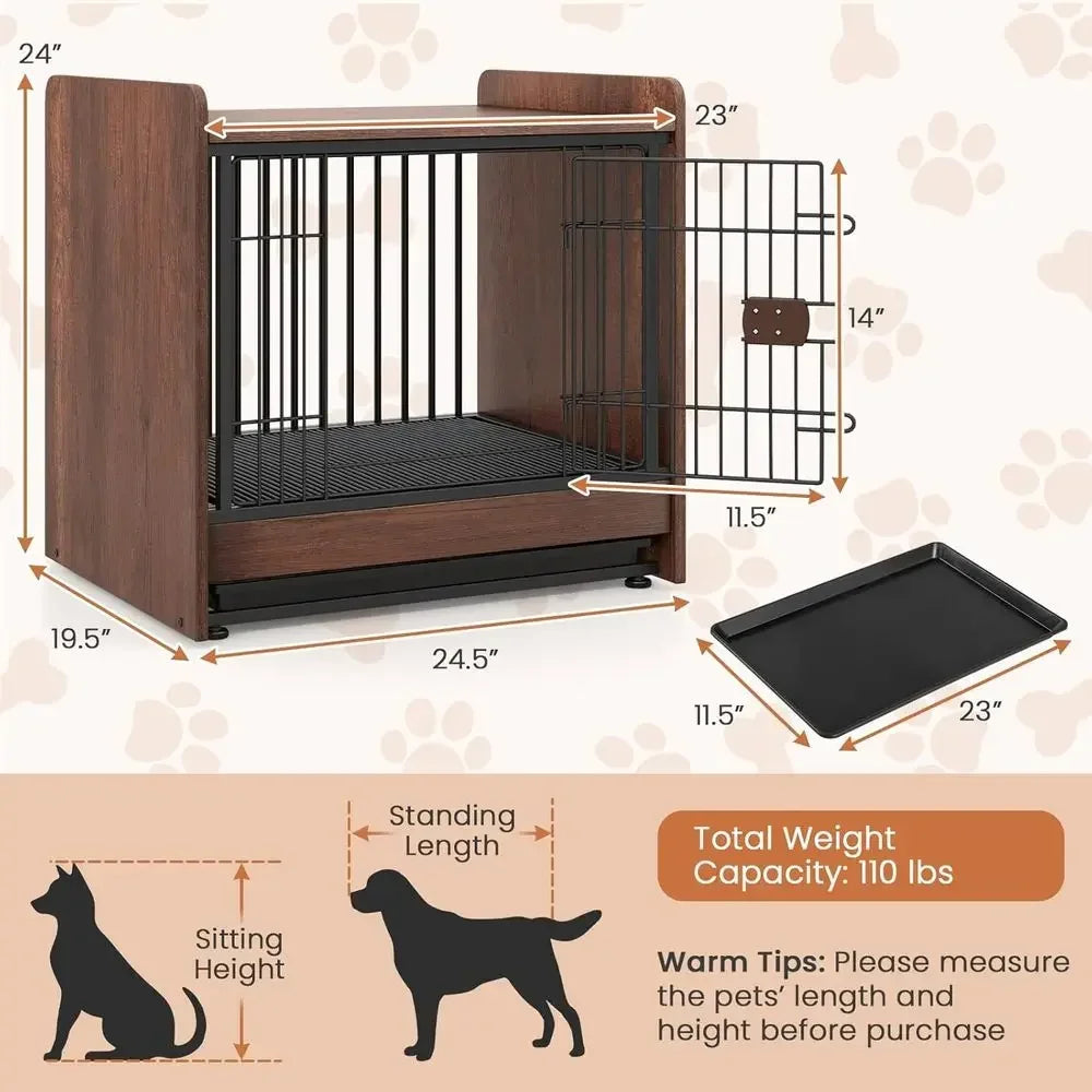 Small Wooden Dog Crate End Table with Removable Tray