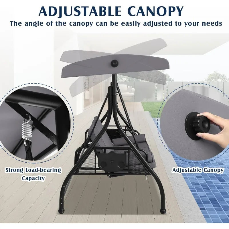 Convertible Porch Swing Bed With Canopy Stand And Cup Holder