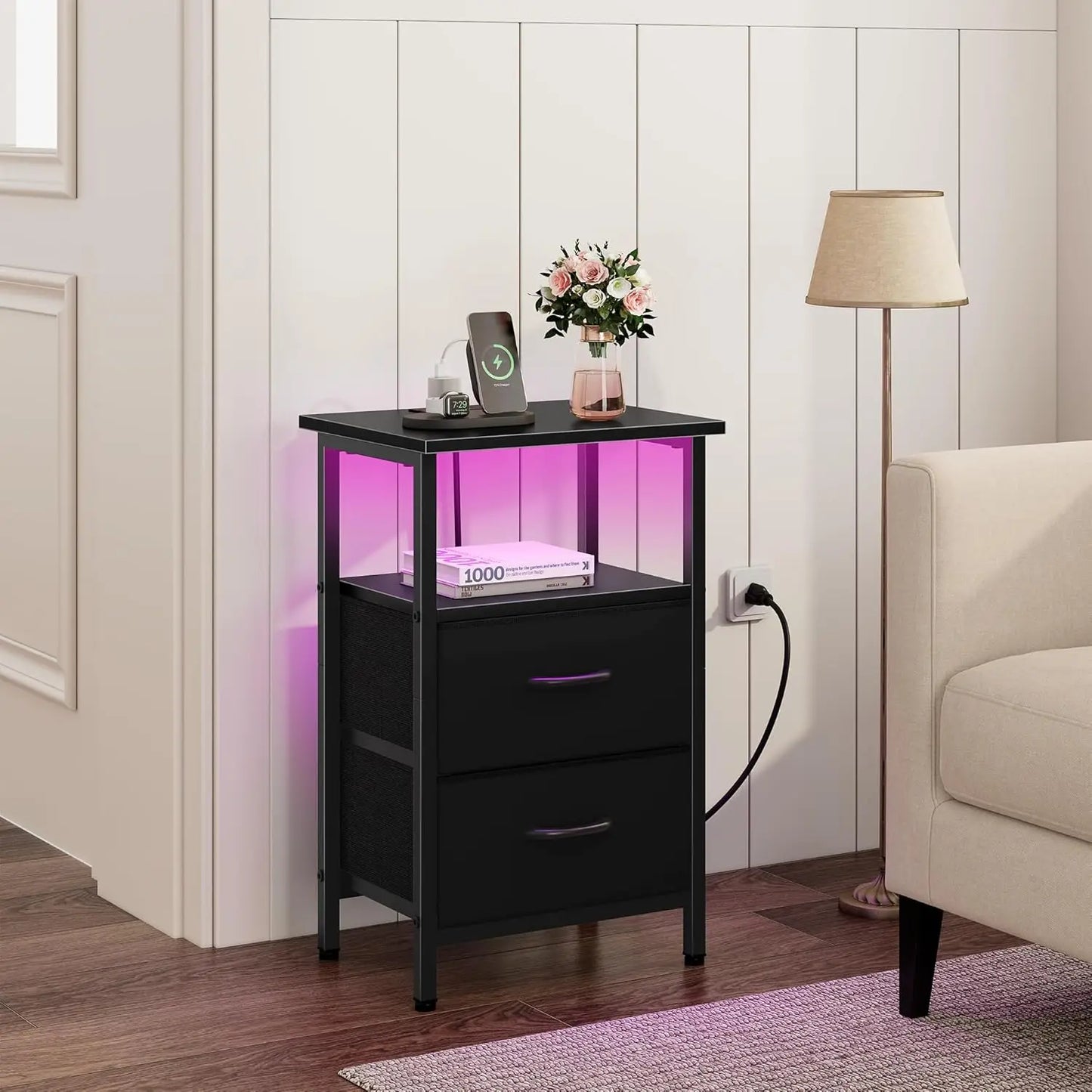 Two Piece Nightstand Set With LED Lighting And Charging Dock