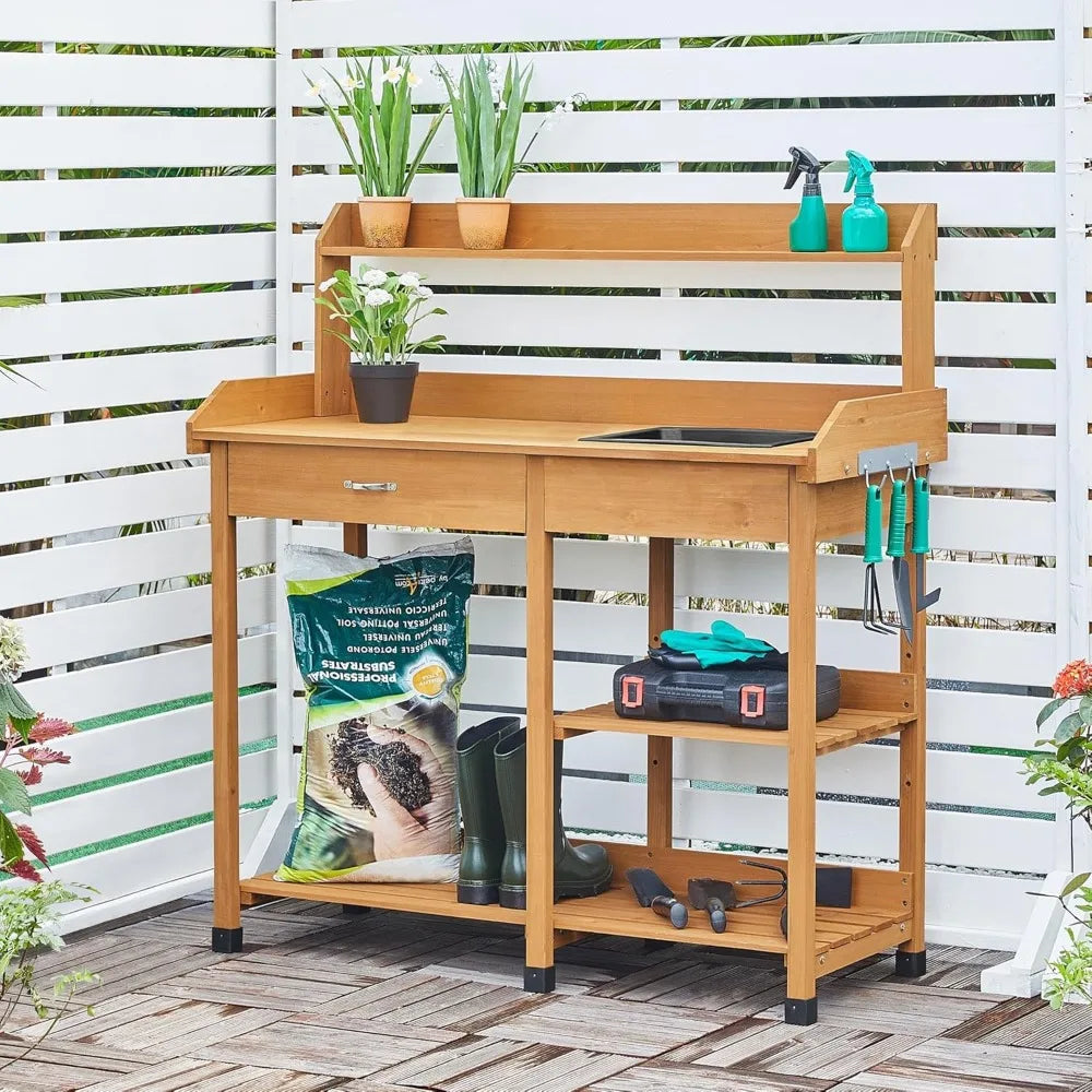 Outdoor Garden Potting Bench With Sink And Open Shelves