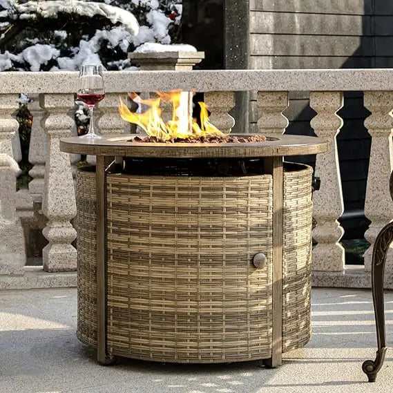 Propane Fire Pit Table In Wicker For Outdoor Patio Use