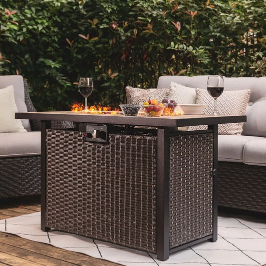 Propane Gas Fire Pit Table With Ceramic Top Rattan Frame