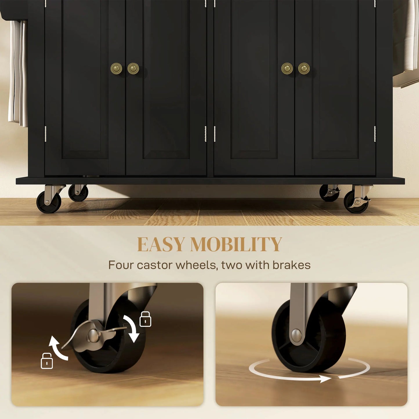 44-Inch Rolling Kitchen Island with Wood Top and Storage – Black