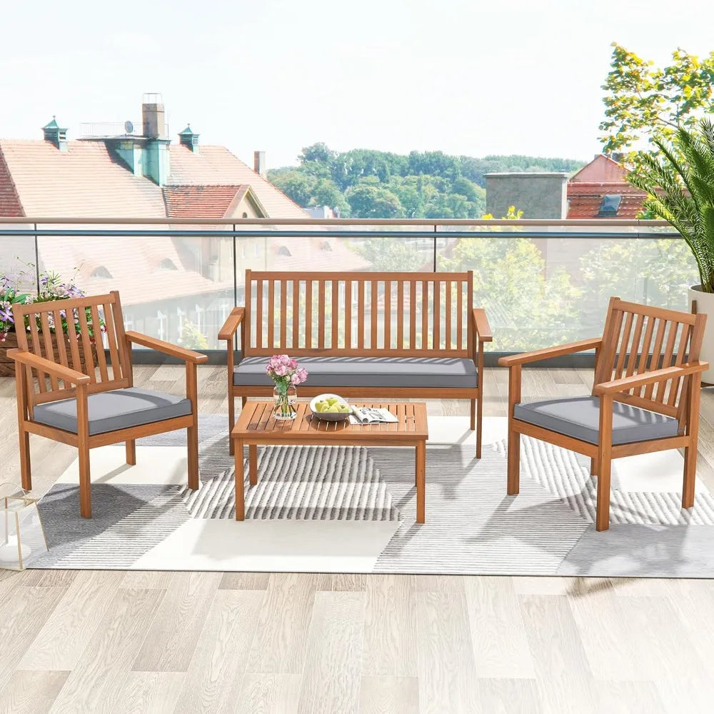 Acacia Wood Patio Sofa Set With Coffee Table And Cushions