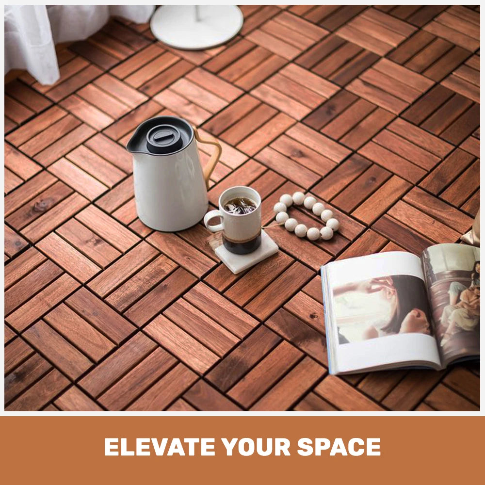 20-Piece Acacia Wood Interlocking Deck Tiles – 12" x 12" Checker Pattern