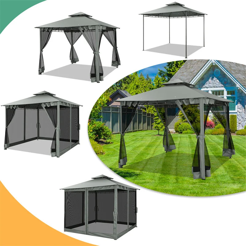 10 × 10-Foot Double-Roof Patio Gazebo with Mosquito Netting