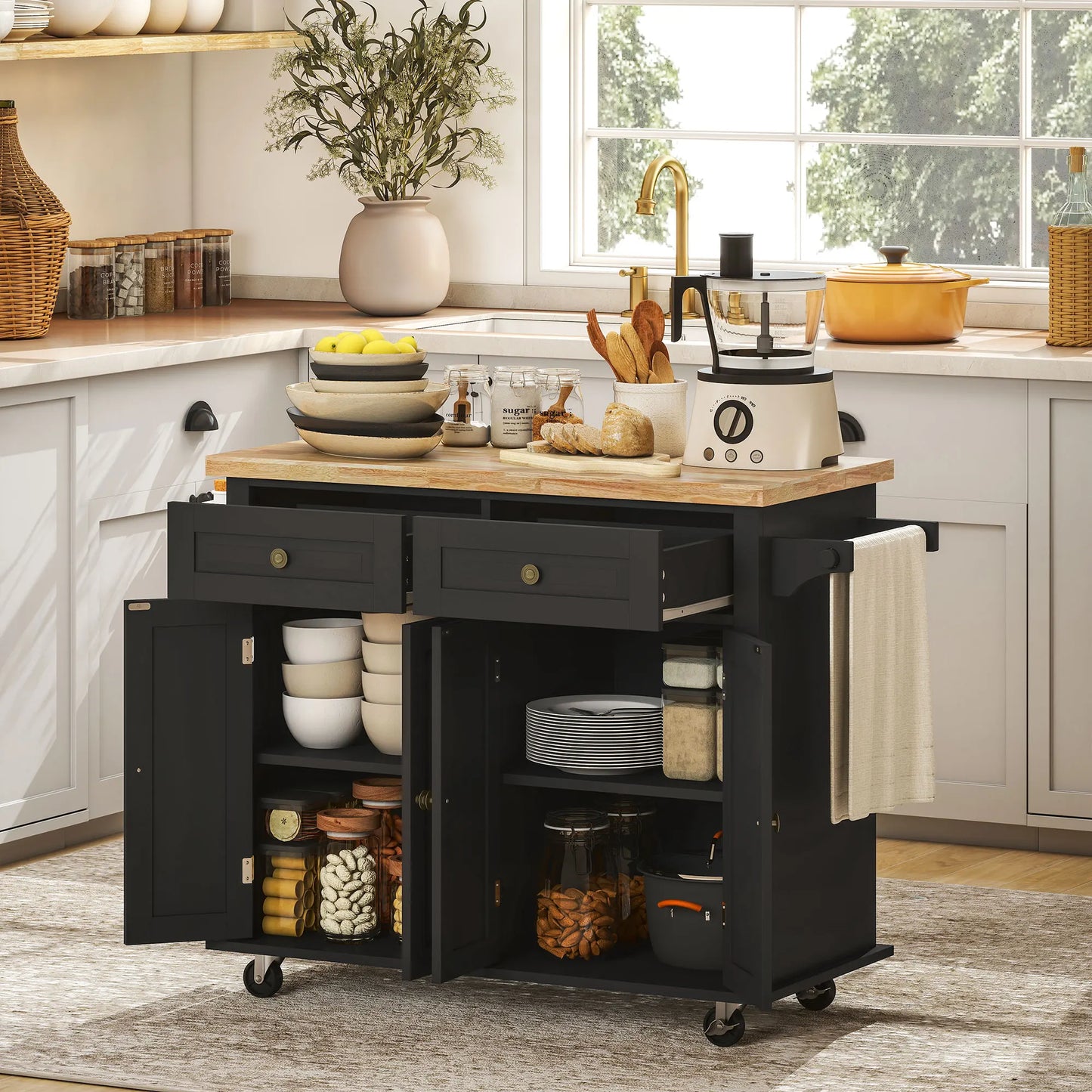 44-Inch Rolling Kitchen Island with Wood Top and Storage – Black