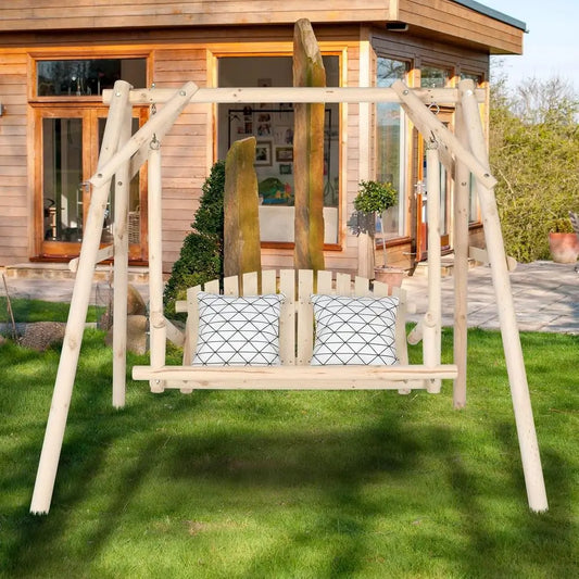 Natural Wood A-Frame Porch Swing with 2-Person Bench