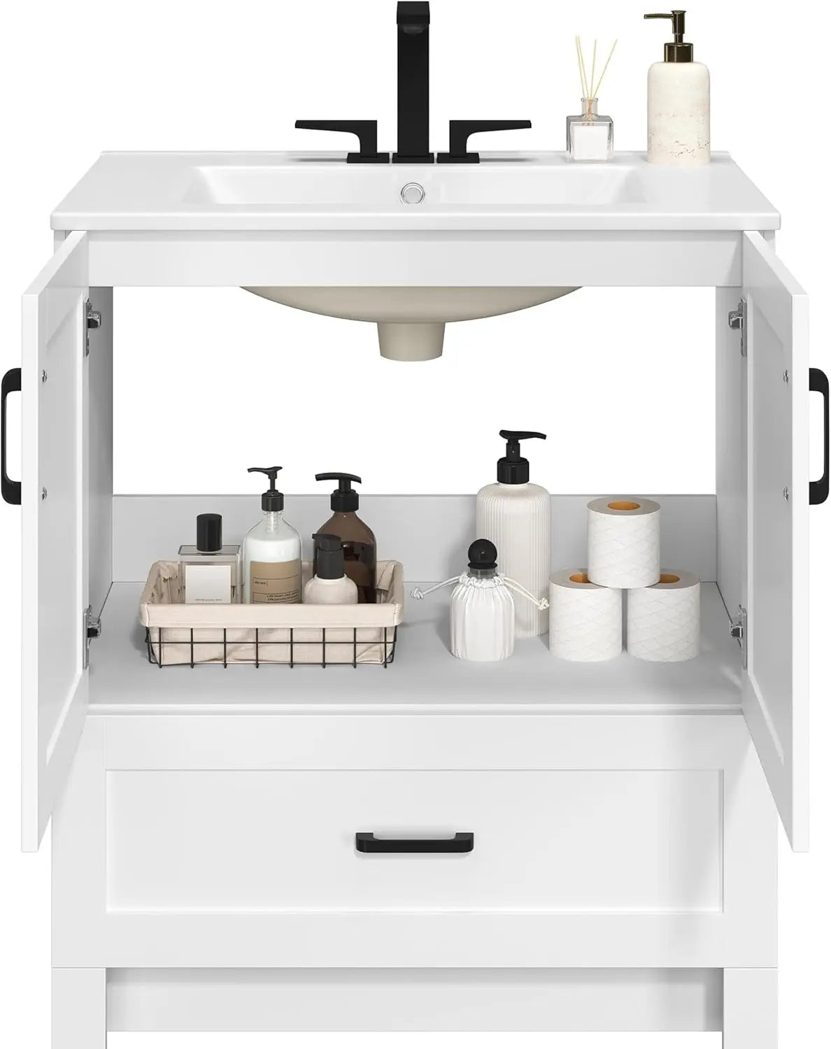Freestanding Bathroom Vanity With Ceramic Basin And Soft Closing Doors