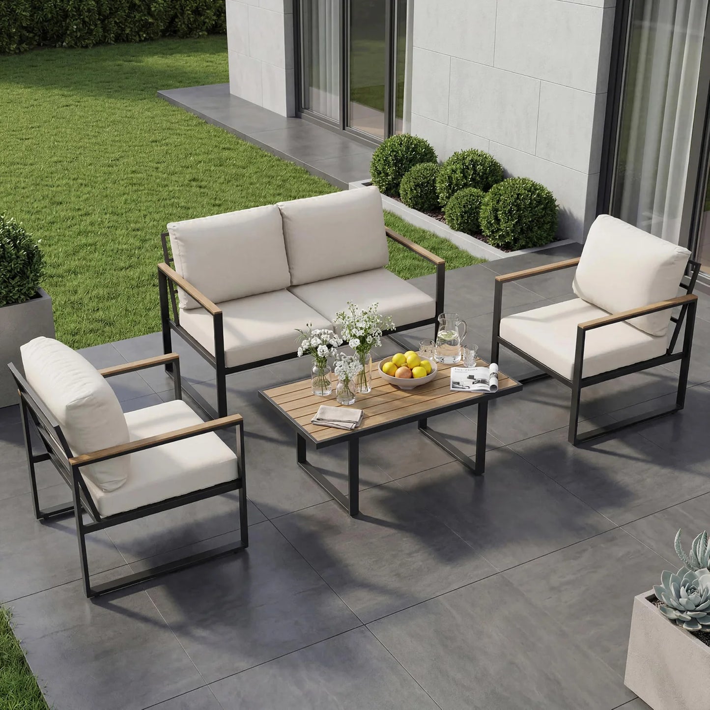 Modern Outdoor Patio Furniture Set With Cushioned Sofa Coffee Table