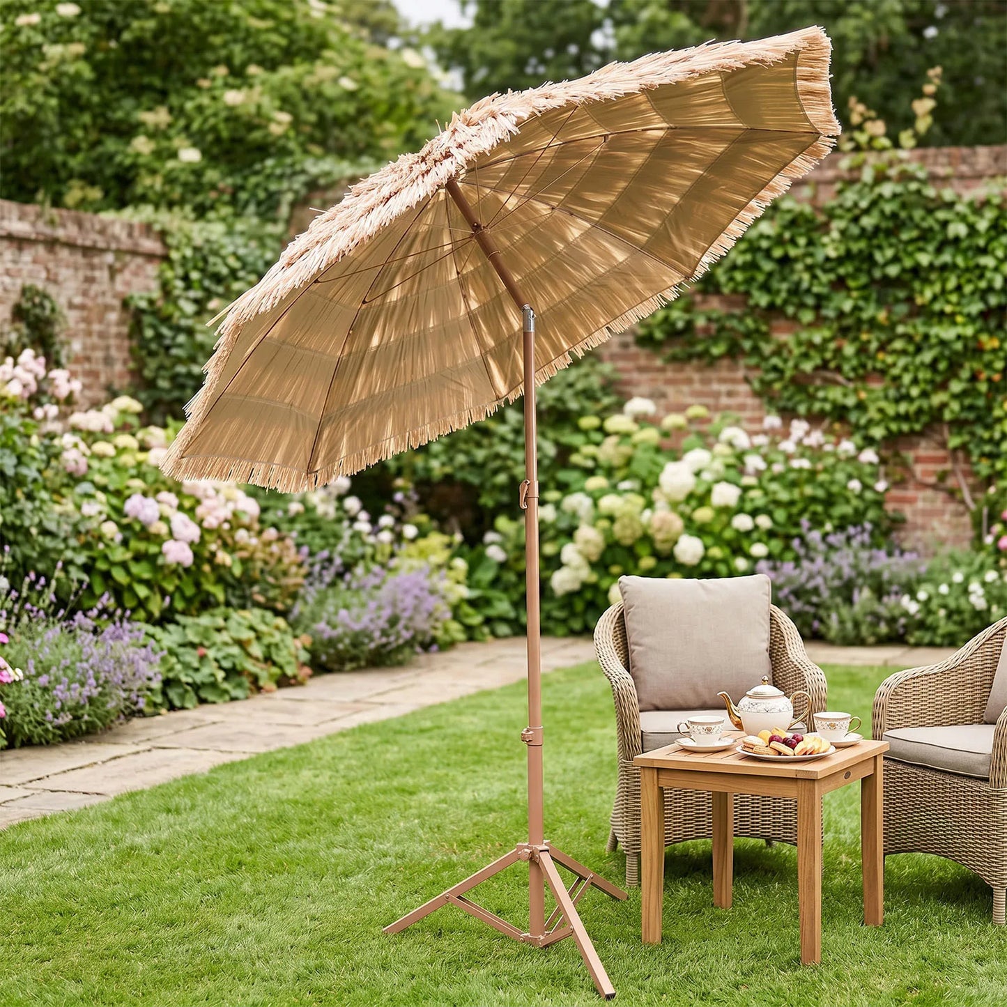 Hawaiian Straw Umbrella With Tilt Adjustment UPF 50 UV Protection