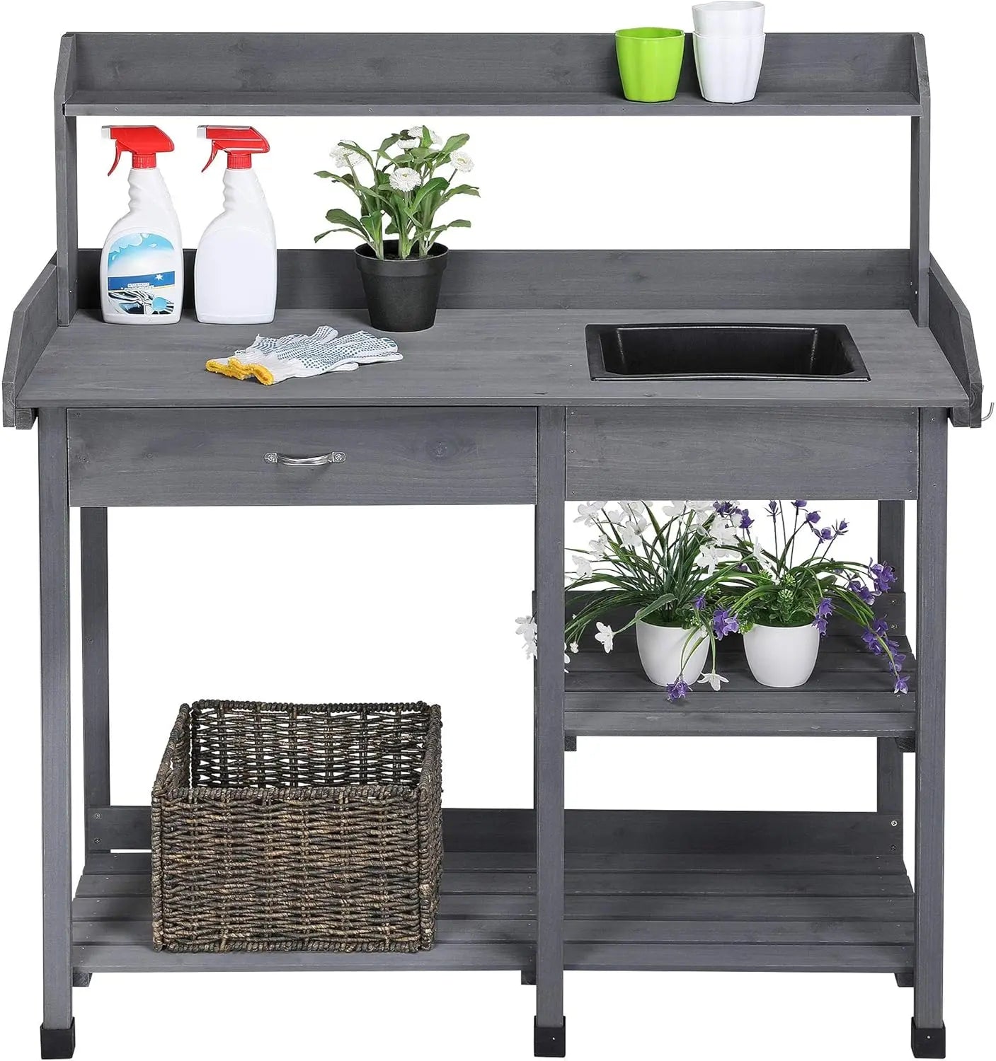 Outdoor Garden Potting Bench With Sink And Open Shelves