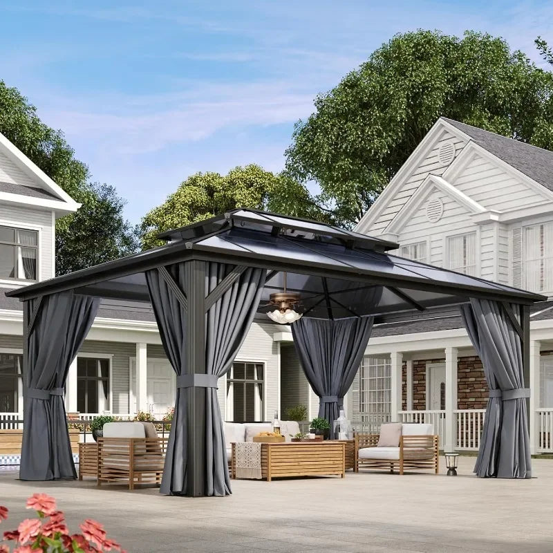 Hardtop Aluminum Gazebo With Curtains Netting And Outdoor Polycarbonate Roof