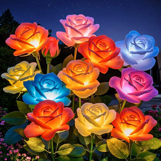 Rose Shaped Solar Garden Lights With Color-Changing LED Pathway Decor