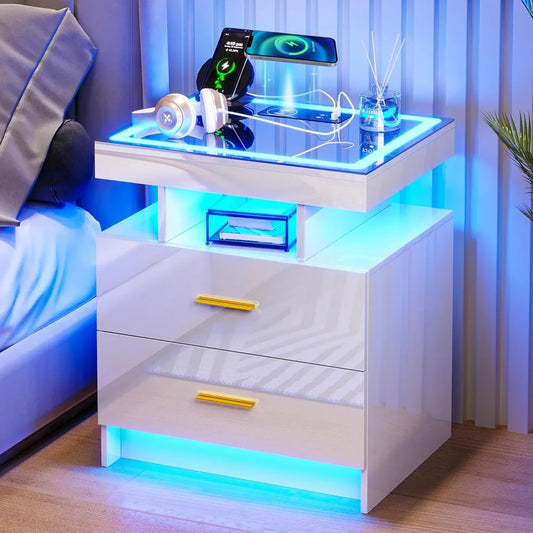 LED Nightstand With USB C Charging Station And 2 Drawers