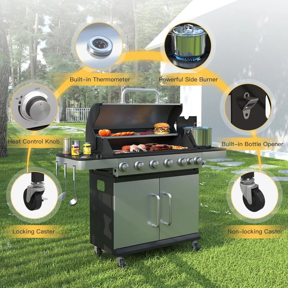 6-Burner Propane Gas BBQ Grill with Side Burner and Grates