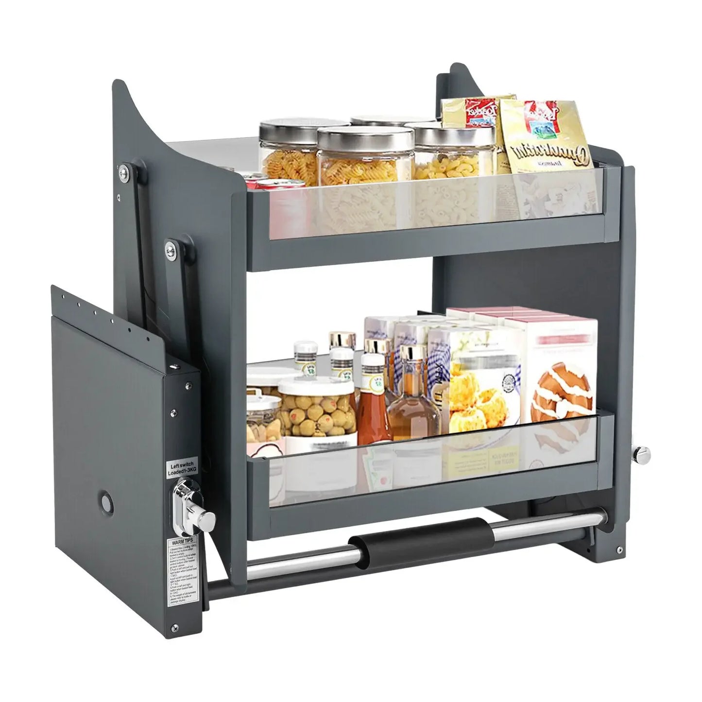 Pull-Down Cabinet Shelf 2-Tier Drop Down Lift Tempered Glass Kitchen Organizer Adjustable Load 26lbs for Upper Cabinets