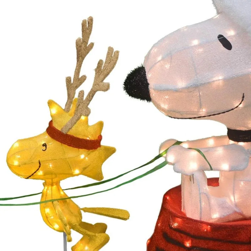60-Inch Peanuts 4-Piece 3D LED Pre-Lit Snoopy in Dog Bowl Sled with Woodstock Reindeer Christmas Décor, 180 Lights