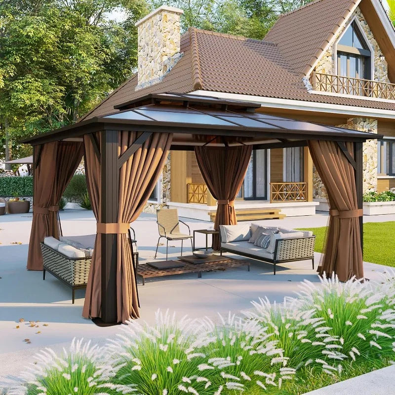 Hardtop Aluminum Gazebo With Curtains Netting And Outdoor Polycarbonate Roof