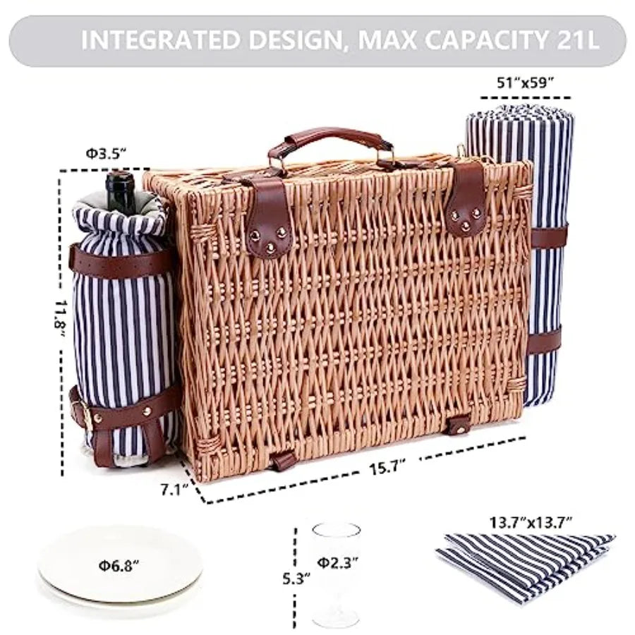 Wicker Picnic Basket for Two with Blanket & Wine Pouch | Outdoor Picnic Set