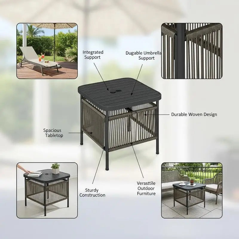 Outdoor Side Table With Umbrella Hole And Storage Shelf