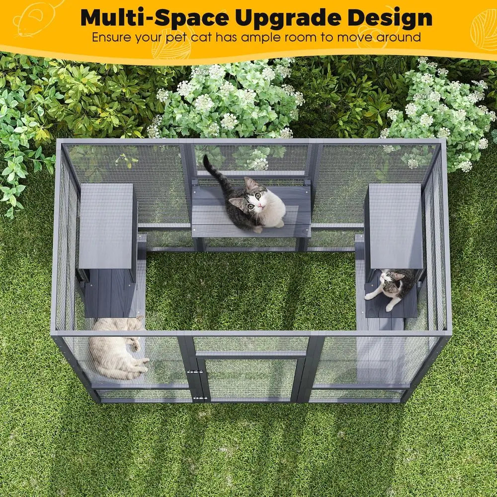Wooden Outdoor Cat Enclosure With Waterproof Roof And Perches