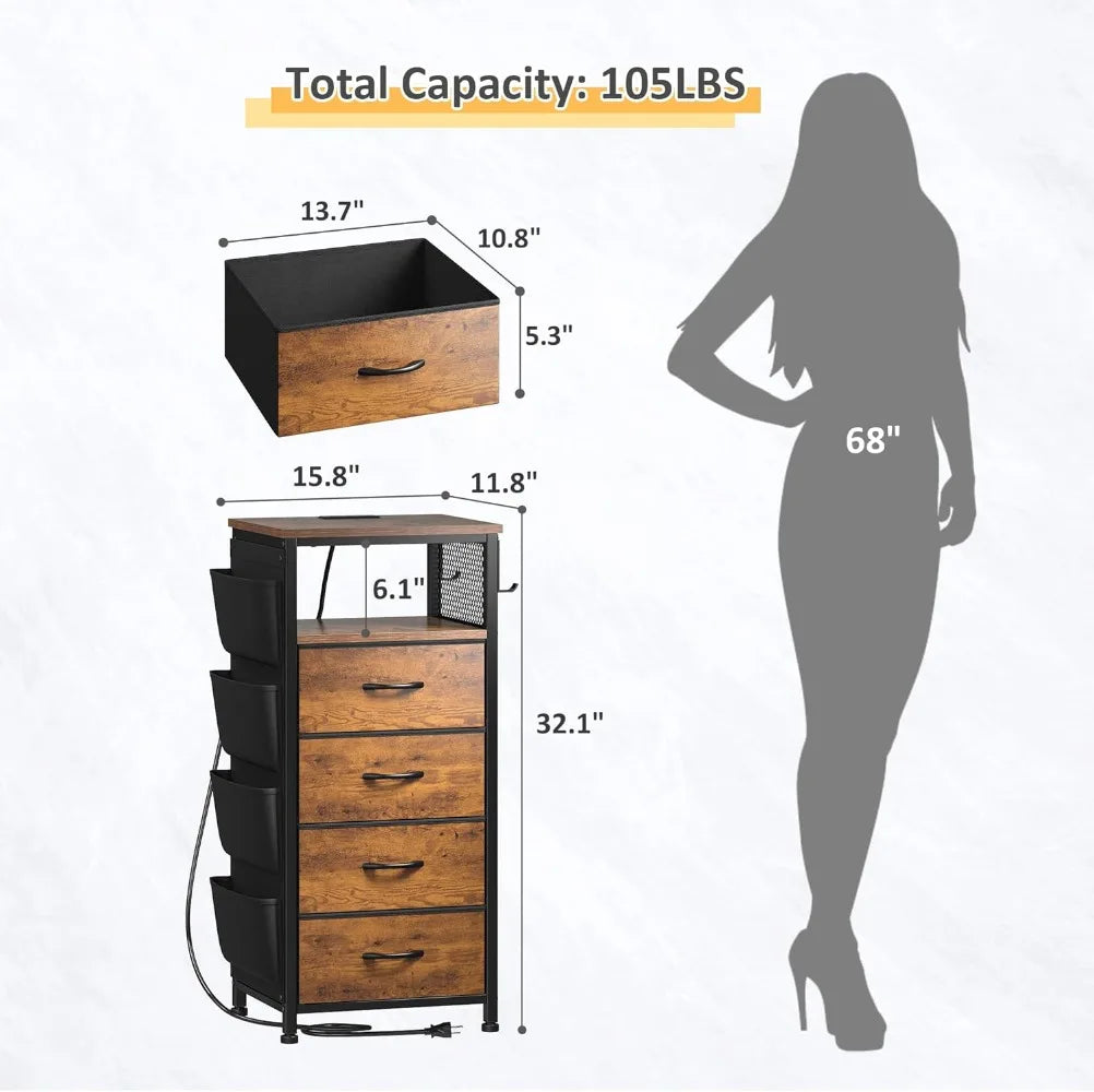 Nightstand Duo With Charging Station, LED Lights, Fabric Drawers