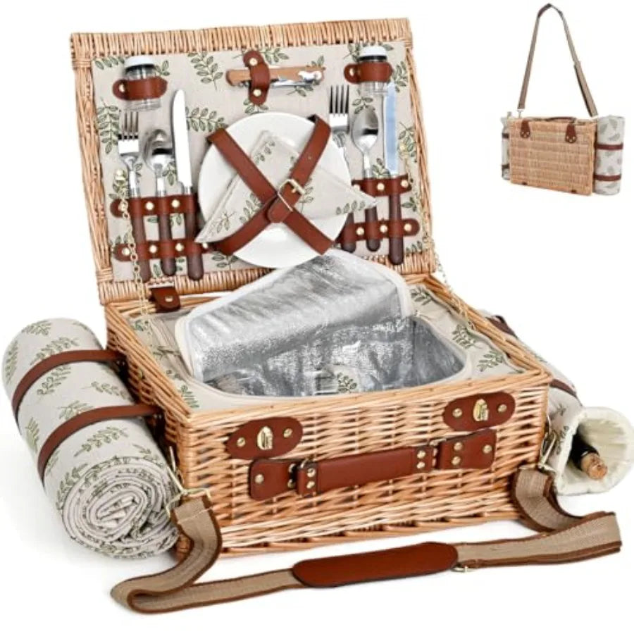 Wicker Picnic Basket for Two with Blanket & Wine Pouch | Outdoor Picnic Set