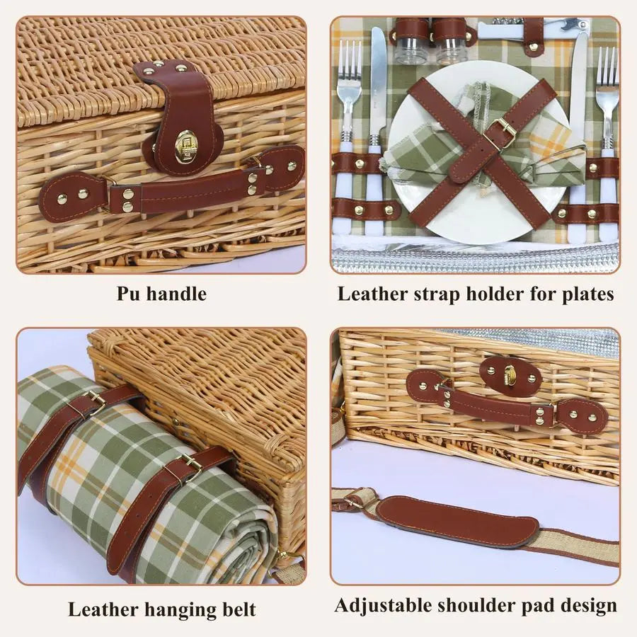 Picnic Basket for 2 with Blanket, Willow Picnic Basket Set with Shoulder StrapampWine Pouch, Large Willow Hamper with Insulated