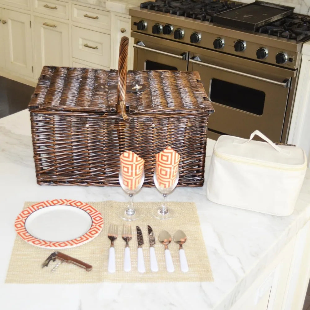 Surrey Willow Picnic Basket in Brown Wicker with Diamond Orange Design