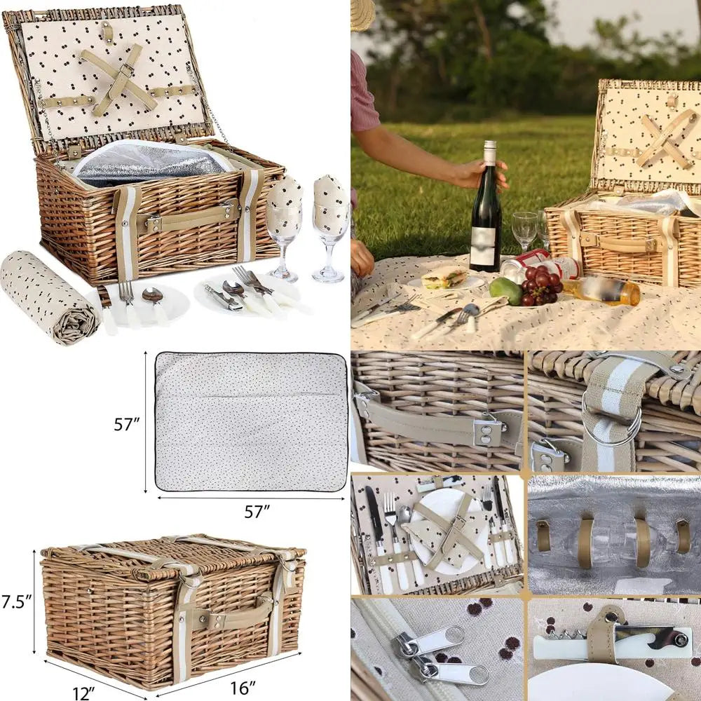 willow picnic basket set for 2 persons with large insulated cooler bag and waterproof picnic blanket, wicker picnic hamper for c