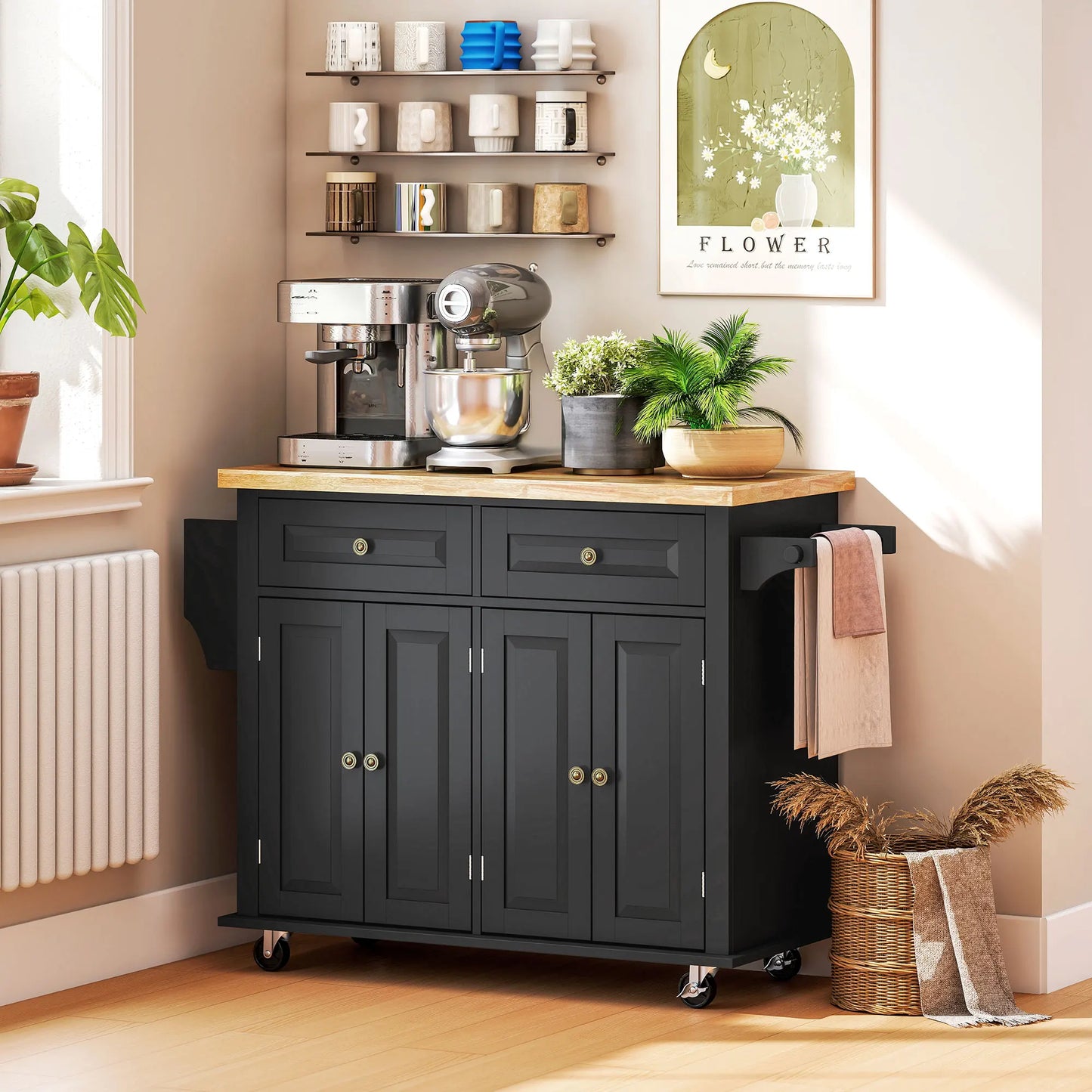 44-Inch Rolling Kitchen Island with Wood Top and Storage – Black
