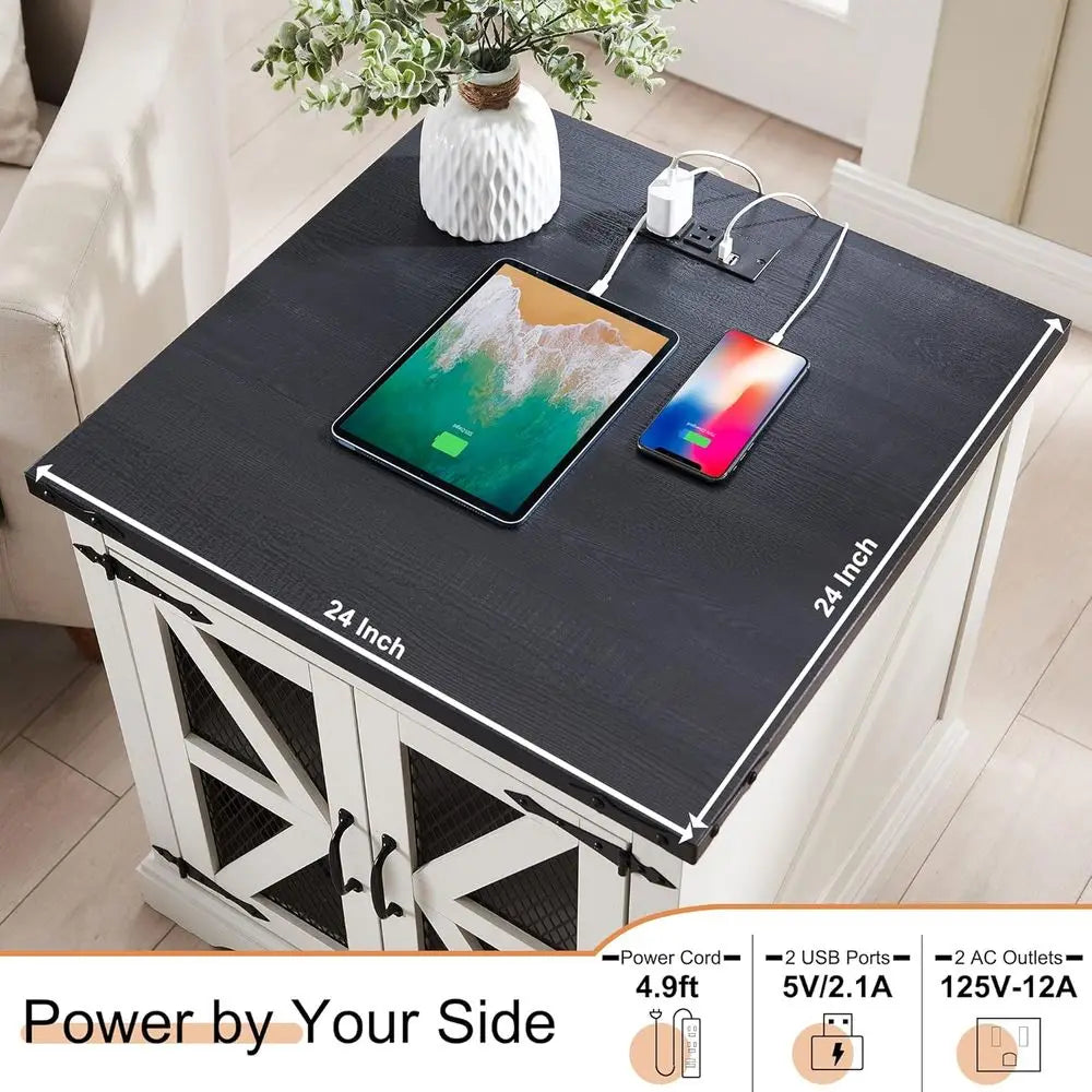 Rustic Nightstand With 24 Hour Charging Station And Adjustable Shelf