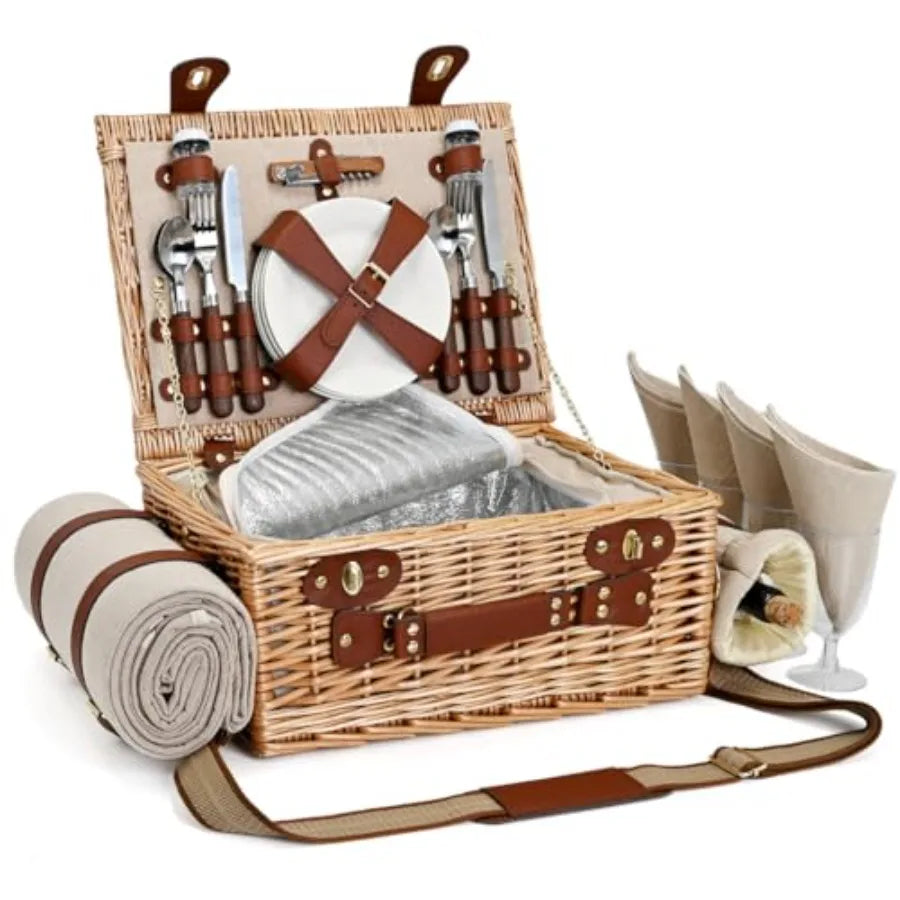 Wicker Picnic Basket for Two with Blanket & Wine Pouch | Outdoor Picnic Set