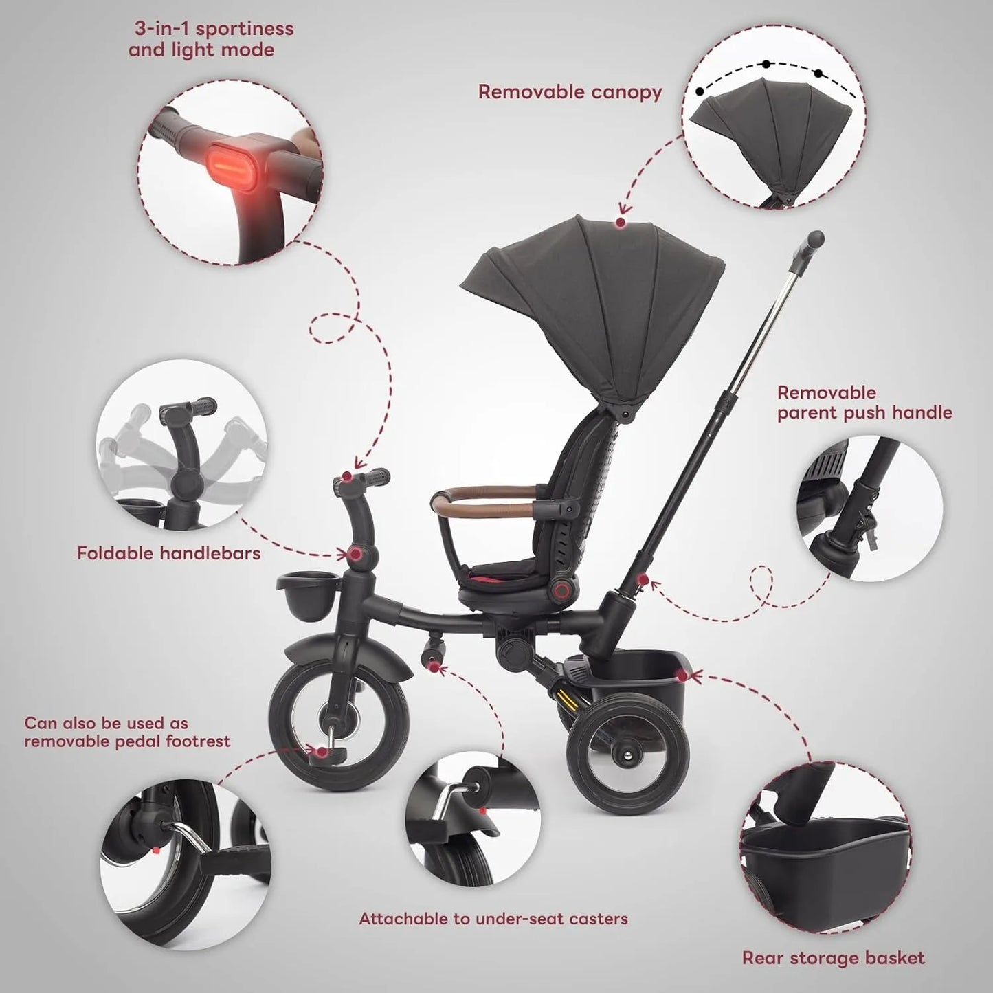 7 In 1 Foldable Baby Tricycle With Canopy And Lights