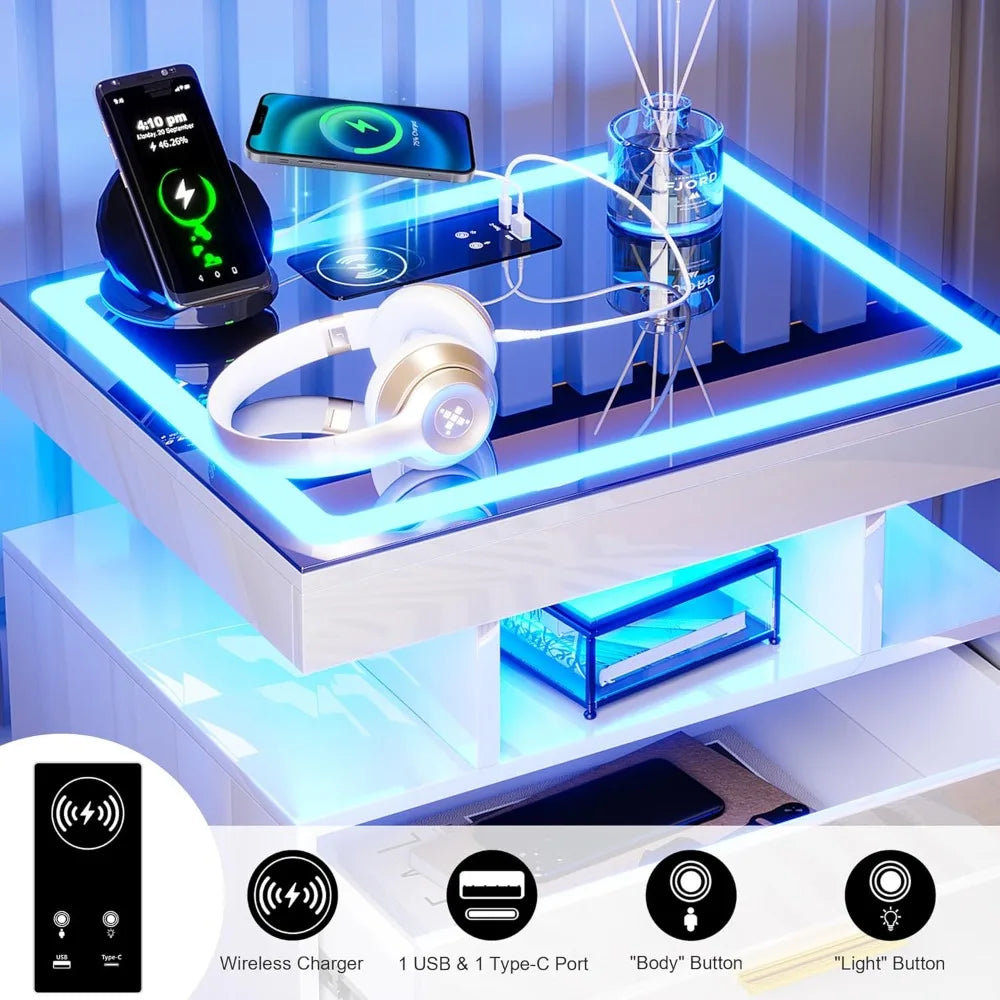 LED Nightstand With USB C Charging Station And 2 Drawers
