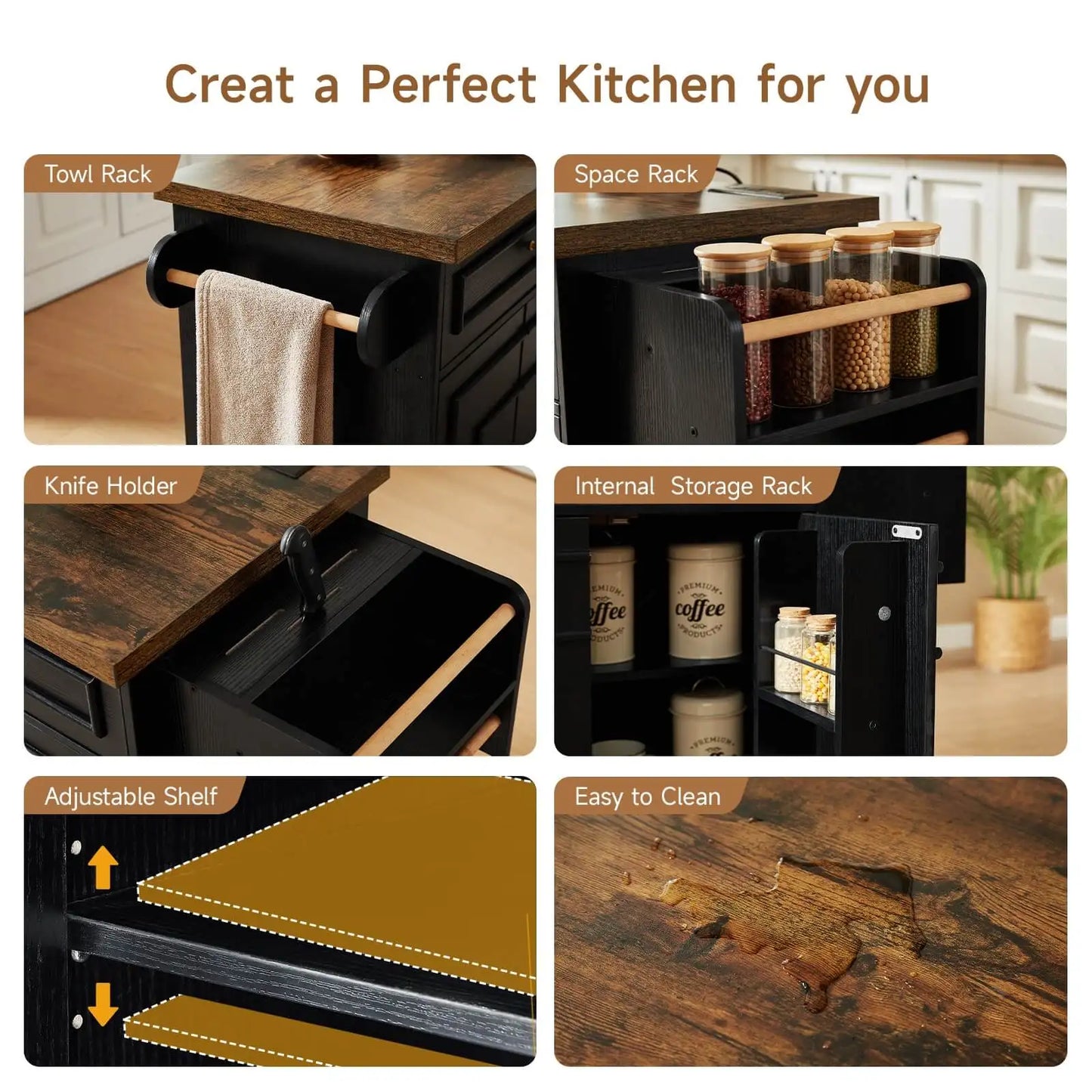 58-Inch Rolling Kitchen Island with Drop Leaf & Power Outlet
