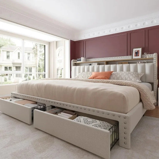 Upholstered Bed Frame With Storage Drawers And Tall Headboard