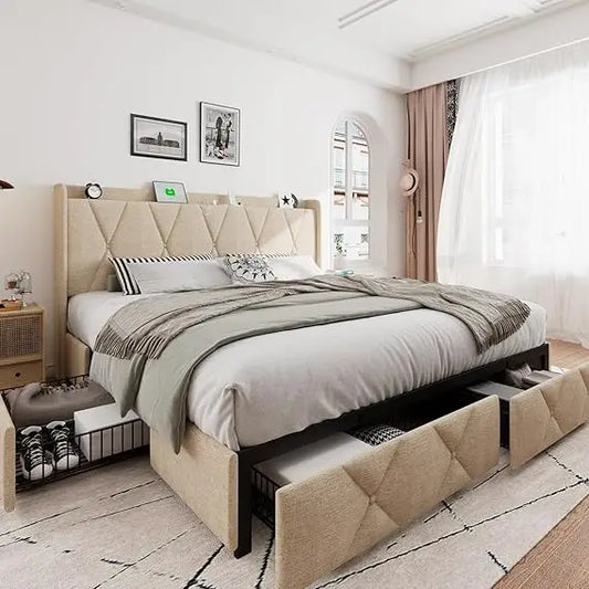 Upholstered Wingback Platform Bed With Storage Drawers And USB Charging