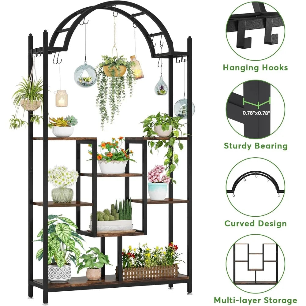 Arched Metal Five Tier Plant Stand With Hooks For Indoor