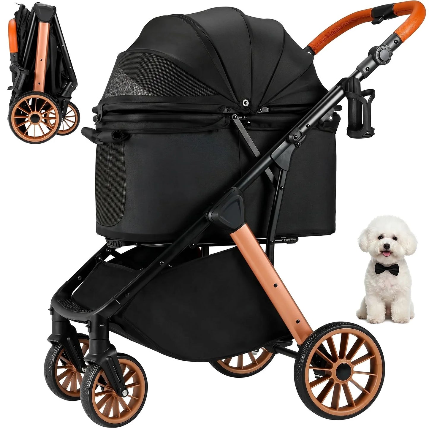 JHK 3 Wheels Foldable Pet Stroller for Small Dogs and Cats Stroller with Mesh Windows Storage Basket Cup Holder for Outdoor Use