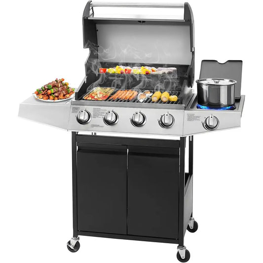 Four Burner Propane Gas BBQ Grill With Side Burner Thermometer