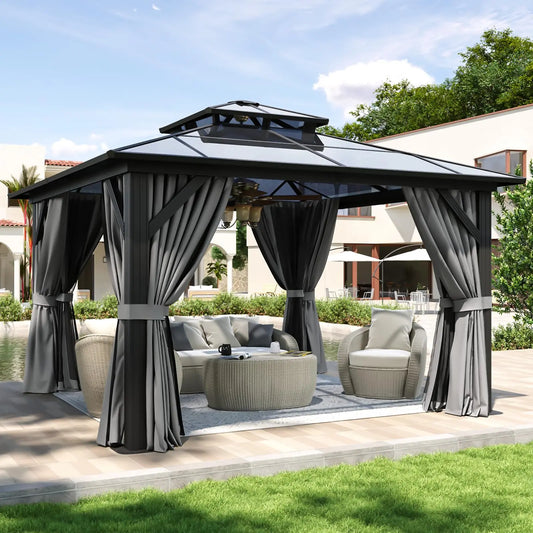 Hardtop Aluminum Gazebo With Curtains Netting And Outdoor Polycarbonate Roof