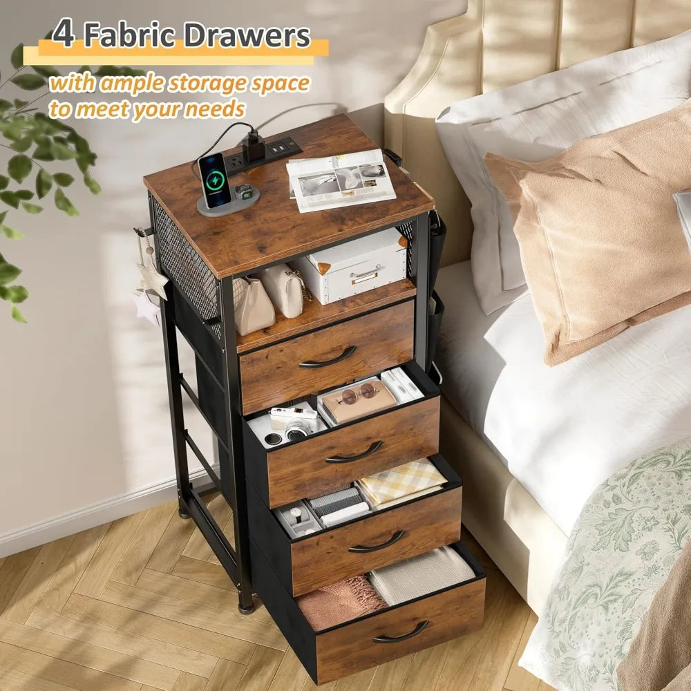 Nightstand Duo With Charging Station, LED Lights, Fabric Drawers